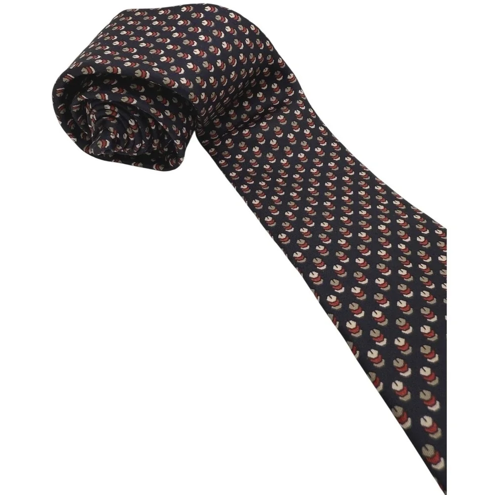 Christian Dior Cravates Silk Necktie Navy‎ Blue Red White Tan Geometric Pattern